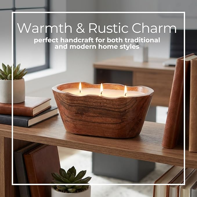 Oval Wood Bowl with Vanilla Scented Candle for Men or Women - Decorative Small Accent for Indoor and Outdoor Areas - Small Pillar or Votive Candle for Living Room, Bedroom, or Bathroom - 4", Brown