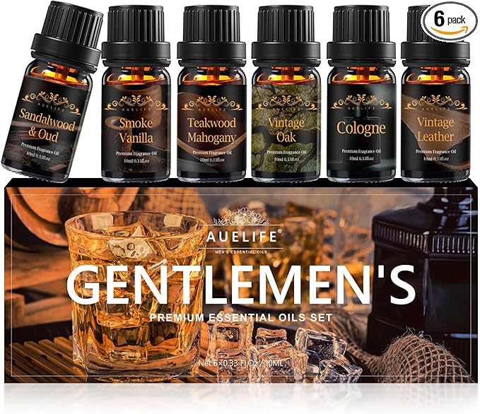 Men Essential Oils Set for Diffuser, Father's Day & Birthday Gift for Men - 6x10ml Masculine Fragrance Oils for Candle Making, Scented Oil Gift Set, Mahogany, Sandalwood, Cologne,Smoke Vanilla,Leather
