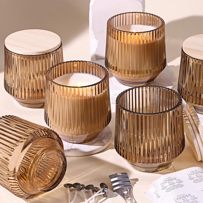 Simeitol 13 OZ Candle Making Kit - 6 Pack Amber Ribbed Glass Jars With Bamboo Lids and Wick Kit for Containers
