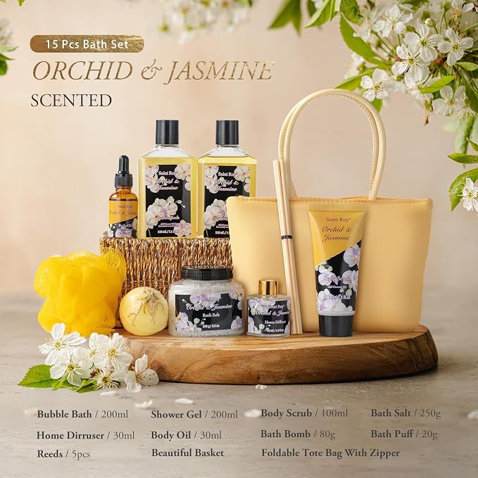 Spa Kit Gifts for Women Gift Basket, 15Pcs Bath and Body Spa Gift Basket | Home Spa Self Care with Purse Handbag, Relaxing Pampering Care Kit Orchid Jasmine Gifts for Birthday, Mom, Anniversary
