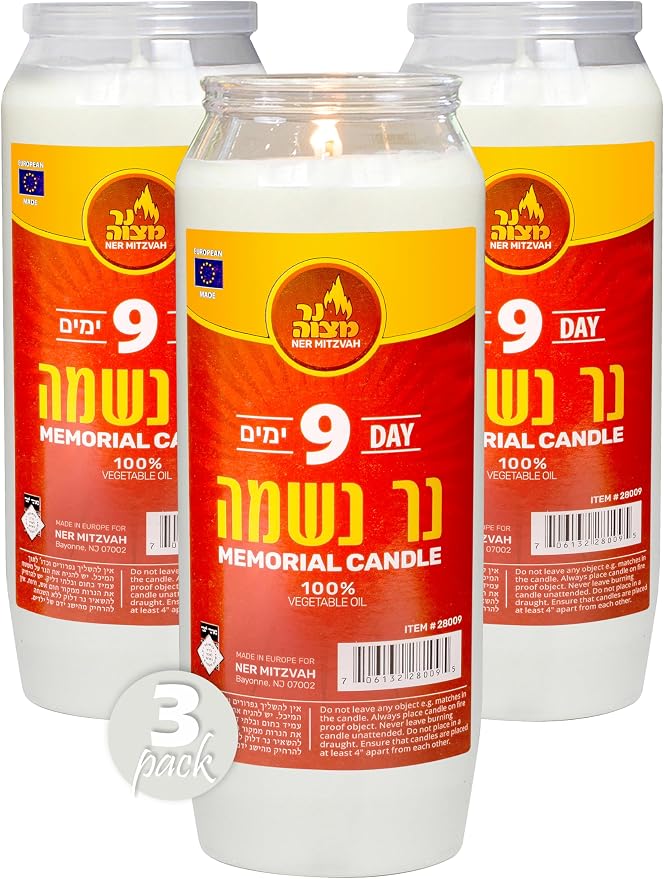 Ner Mitzvah 9 Day Yartzeit Candle - 3 Pack Kosher Yahrtzeit Memorial and Yom Kippur Candle in Plastic Holder