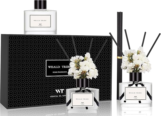 WEALD TRIBE Real Flower Reed Diffuser Set of 3 for Bathroom Shelf Decor, Cashmere & Vanilla, Lemongrass, Eucalyptus & Mint Scent Sticks Defusers with Essential Oils | Home Fragrance(1.7 fl oz/Pack)
