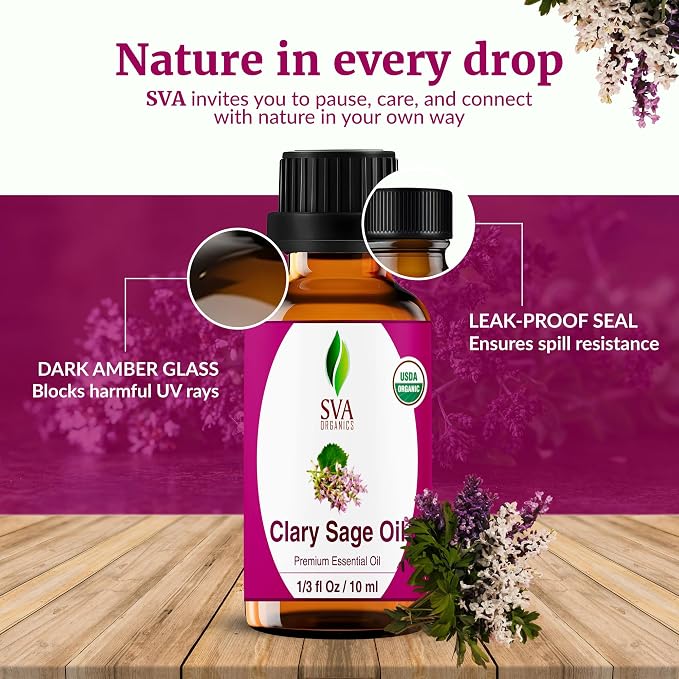 SVA Clary Sage Essential Oil Organic – 1/3 Fl Oz – 100% Natural Organic Clary Sage Oil - for Diffuser, Hair Care, Face, Skin Care, Aromatherapy, Scalp and Body Massage, Soap and Candle Making