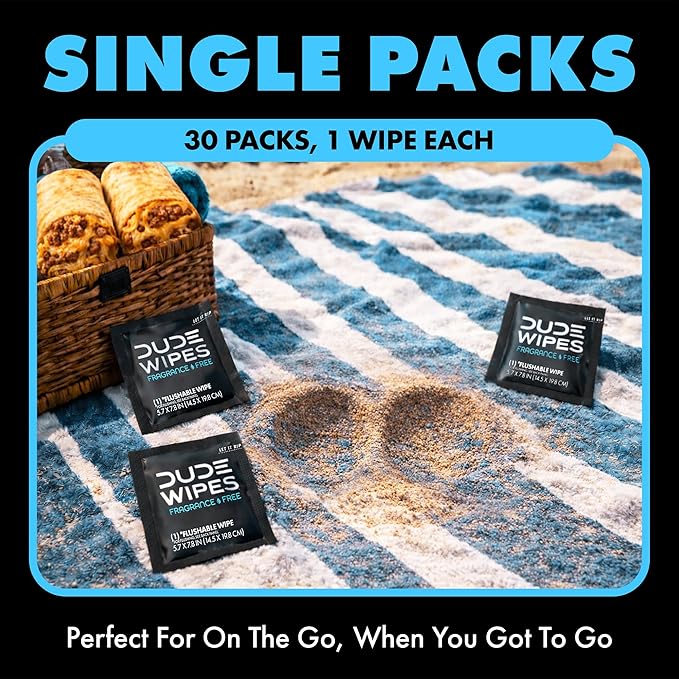 DUDE Wipes On-The-Go Unscented Travel Wipes - 2 Pack, 60 Count (Individually Wrapped) - Extra-Large Adult Flushable Wipes for Sensitive Skin - Infused with Vitamin E & Aloe - Septic and Sewer Safe