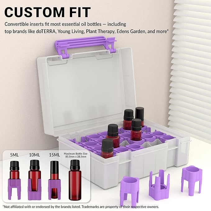 Essential Oil Organizer for 35 Bottles, Hard Shell UV-Filtering Case, Adjustable Holders, Dishwasher Safe, Fits 5ml 10ml 15ml & Roller Bottles, Compatible with Top Brands, Lavender