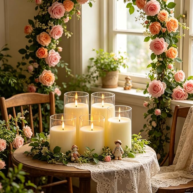 kakoya Flickering Flameless Candles Battery Operated with Remote and 2/4/6/8 H Timer Acrylic Led Pillar Candles Pack of 9 (D 3" xH 4" 5" 6") with Realistic 3D Wick Candles for Home Decor(Ivory)
