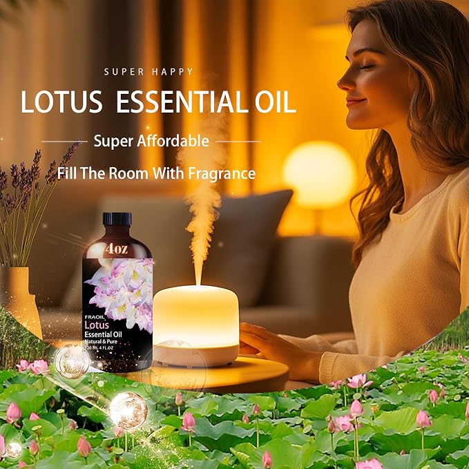 Lotus Essential Oil, Lotus Oil 4 Fl Oz 120ML for Diffuser Humidifier Yoga Cleaning DIY Candle Soap Making Perfume Gift for Women Essential Oils FRAOIL (Lotus 4 Fl Oz (Pack of 1))