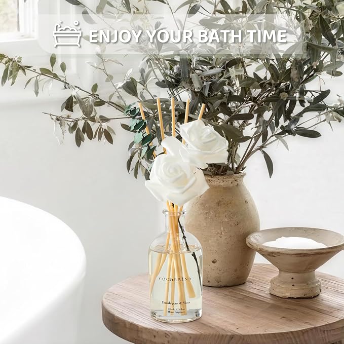 COCORRÍNA Reed Diffuser - Eucalyptus & Moss Scent, 6.76 fl oz Essential Oil with 8 Reed Sticks - Home Fragrance for Bedroom Bathroom Shelf Décor