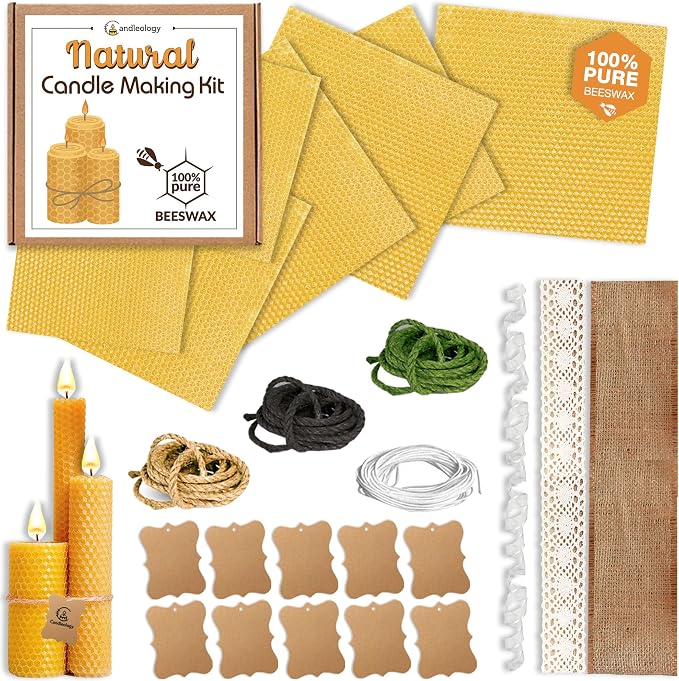 Beeswax DIY Candle Making Kit - Natural Candle Rolling Kit for Beginners with 7 Beeswax Sheets & Multiple Decorations to Make Candles