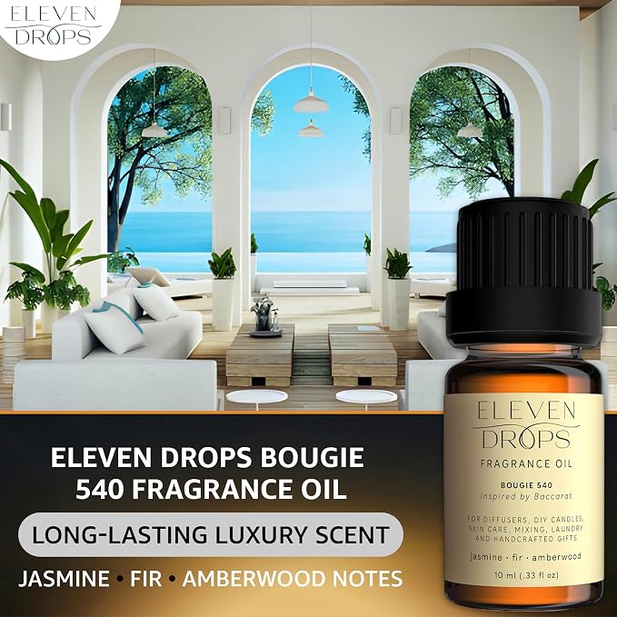 Bougie 540 Fragrance Oil | Jasmine, Fir & Amberwood Notes | Long Lasting Scent Reed Diffuser Oil for Home, Office, Hotel, Spa, Car & Linen Spray | Pet Friendly IFRA Compliant, 10 ml