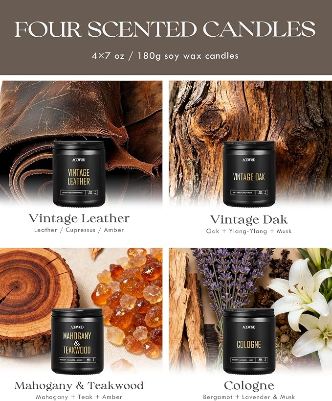 AOOVOO Scented Candles for Men - 4 Pack Candles for Home Scented, 28oz Soy Wax, 200 Hour Burn Time, Men Candle Set, Vntage Leather/Vntage Oak/Mahogany Teakwood/Cologne Candle Set