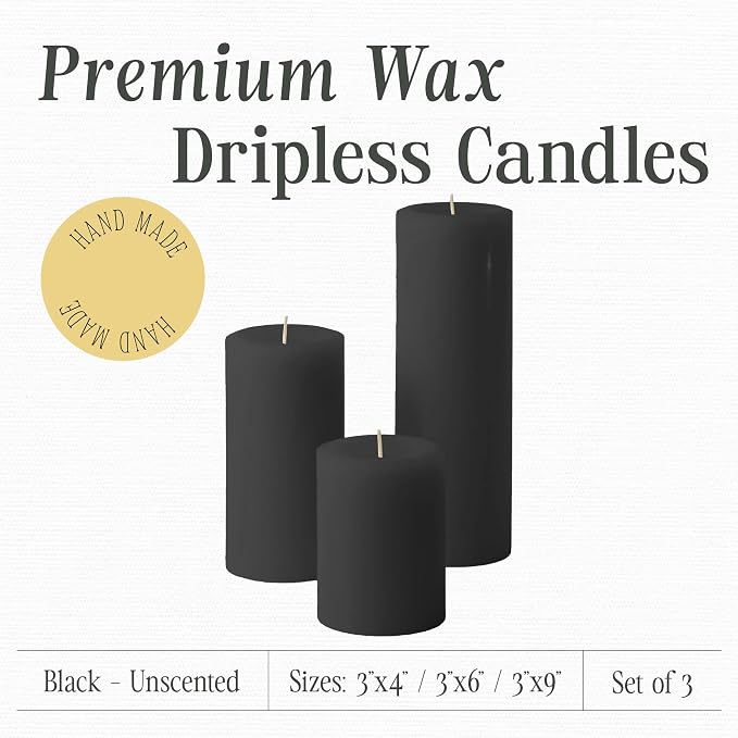 Mister Candle Unscented Dripless Pillar Candles Set of 3, Hand Poured 3 Inch Candles, Premium Wax, Decorative Pillar Candles, (3" x 4", 3" x 6", and 3" x 9", Black)
