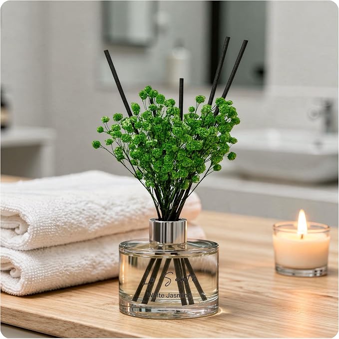 Reed Diffuser Set (6.7fl oz), Natural White Jasmine Essential Oil Fragrance with Glass Bottle, Black Rattan Sticks & Preserved Flowers, Up to 120 Days Lasting Fragrance for Home & Office
