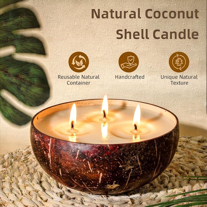 Viyffo 18oz Large Citronella Candles Outdoor, 3 Wick Citronella Candle, Natural Coconut Shell Jar, Non Toxic Soy Candle for Patio, Backyard, Deck & Camping, Rustic Decor Gift (with Fireproof Mat)