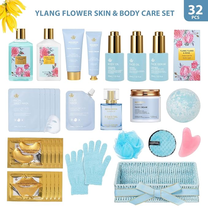 Gifts for Women, 32 Pcs Ylang & Rose Bath & Body Gift Basket for Women, Hydrating Face Skin Care Gifts Kit, Spa Gift Basket Set, Self-Care Relaxation Gift, Birthday, Anniversary, Christmas, Wife, Mom