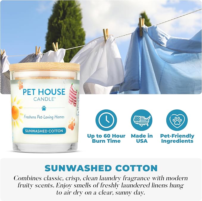 One Fur All Pet House Candle 2 Pack - Plant-Based/Soy - Clean Burning Scented, Long Lasting Pet Odor Candle for Home - Sunwashed Cotton