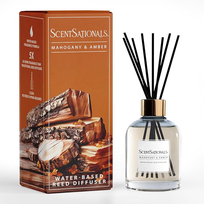 ScentSationals Water-Based Reed Diffuser - Mahogany & Amber - 5 FL OZ Aromatherapy Reed Diffuser