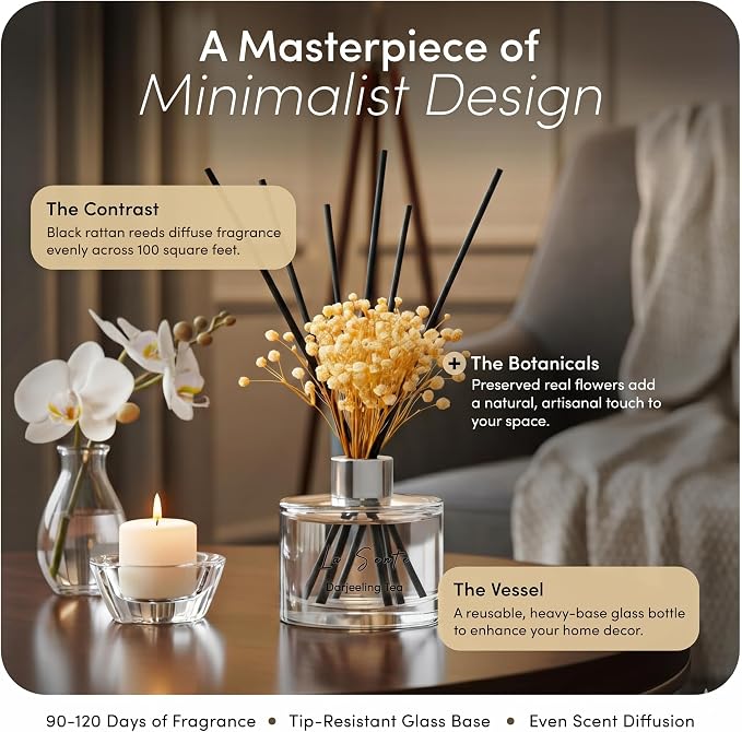 Reed Diffuser Set, 6.7oz Natural Darjeeling Tea Essential Oil Fragrance, Glass Bottle, Black Rattan Sticks, Preserved Flowers, Long Lasting Home & Office Scent