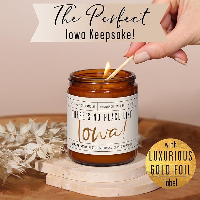 Iowa Gifts, Iowa Decor for Home - 'There's No Place Like Iowa Candle, w/Rustling Grass, Eucalyptus, Corn & Bergamot I Iowa Souvenirs I Iowa State Gifts I 9oz Jar, 50Hr Burn, USA Made
