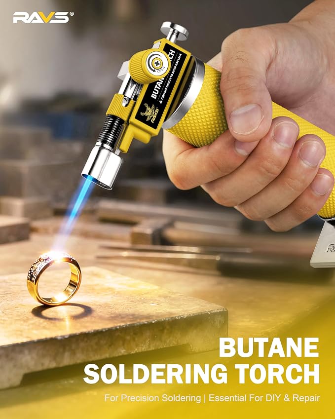 RAVS DUAL Flame Mode Butane Torch Lighter, Refillable Kitchen Torch, Metal Body Blow Torch for Baking with Adjustable Flame & Safety Buckle, Yellow Mini Torch Soldering Torch, Butane Gas Not Included
