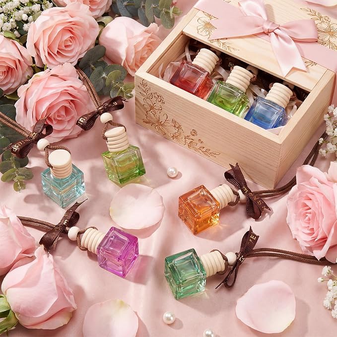 Mudder 50 Pcs Gradient Hanging Car Air Freshener Car Diffuser Bottle Pendant Empty Glass Perfume Bottle for Essential Oil Fragrance Aromatherapy Ornament Wedding Employee Gifts(Cube,Colorful)