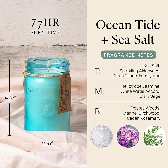 Paddywax Scented Candles Relish Collection Soy Wax Artisan Candle in Glass Jar with Lid, 9.5-Ounce, Ocean Tide + Sea Salt