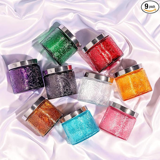 10 oz Multi-color Sun Moon Stars Candle Jars with Metal Lids, 9 Pack | Patented Embossed Design, Includes Wick Centering Devices & Warning Labels, Multiple Color Options