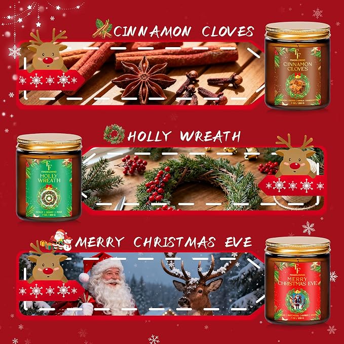 Christmas Candles Set, Scented Candles for Home, 6 Pack Holiday Natural Soy Candles, Christmas Gifts for Women Men, Winter Fragrance of Cedar/Cookies/Cider/Cinnamon/Wreath/Christmas Eve
