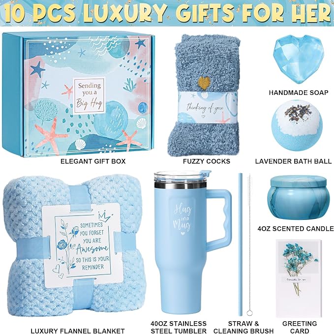 Birthday Gifts for Women Self Care Get Well Soon Gifts, Ocean Relaxing Spa Kit Bath Gift Basket Care Package w/ Flannel Blanket 40 OZ Tumbler, Mother's Day Gift for Mom Her Wife Girlfriend Sister