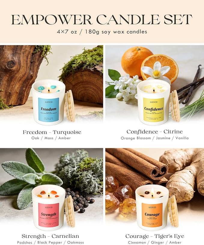 AOOVOO Empower Candles Set for Women - 4 Pack Candles for Home Scented, 28 oz 200 Hour Burn, Aromatherapy Candle with Crystals, Freedom Turquoise/Confidence Citrine/Strength Carnelian/Courage