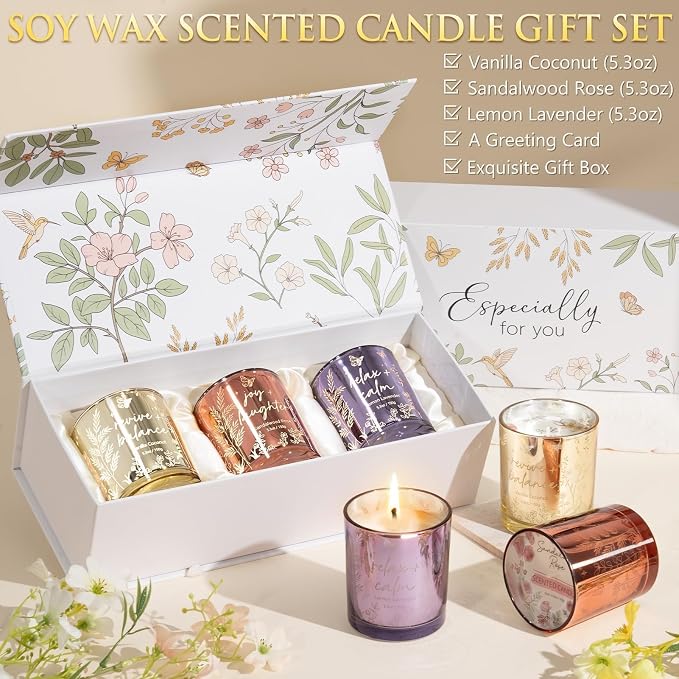 Scented Candles for Women, 3 Pack Candle Set Soy Candles for Home Scented Holiday Votive Candle Gifts Set, Mothers Day Birthday Gifts for Women Mom Her - Vanilla Coconut/Sandalwood Rose/Lemon Lavender