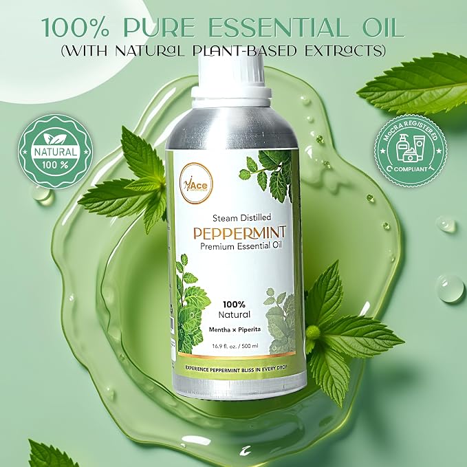 My ACE Peppermint Essential Oil 16 Fl Oz - Pure & Natural - Premium Grade for Aromatherapy, Diffuser, Skin, Hair, Massage, Candle & Soap Making, Home - Glass Bottle with Dropper - Long Lasting Scent