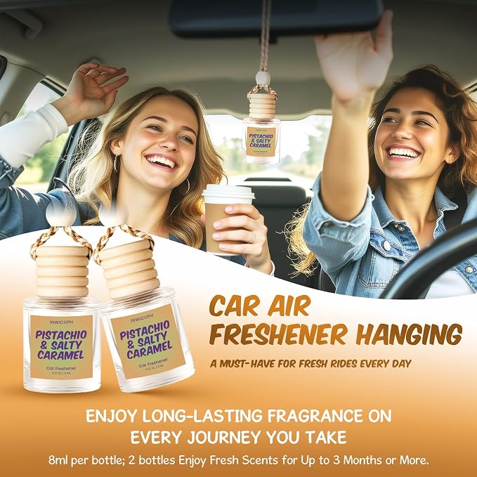 Premium Car Air Freshener Diffuser Set (2 Pack) - Pistachio & Salty Caramel Fragrance Oil, 45+ Day Long-Lasting Hanging Auto Freshener