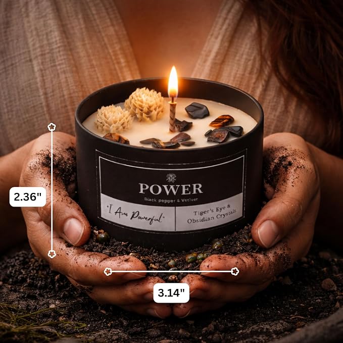Power Crystal Candle for Meditation, 8oz Scented Candles with Tigers Eye and Obsidian Healing Crystals, Black Pepper Vetiver Aroma for Good Fortune, Spiritual Room Decor Great Gift for Women and Men