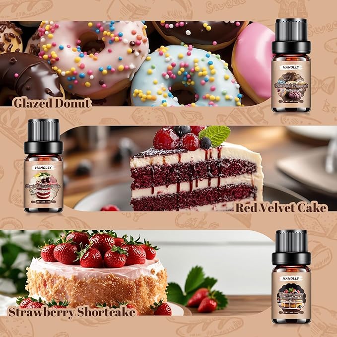 Bakery Essential Oils Set, Premium Fragrance Oil for Diffusers, Scented Oils for Soap & Candle Making, Pumpkin Pie, Apple Pie, S'Mores, Red Velvet Cake, Strawberry Shortcake,Glazed Donut