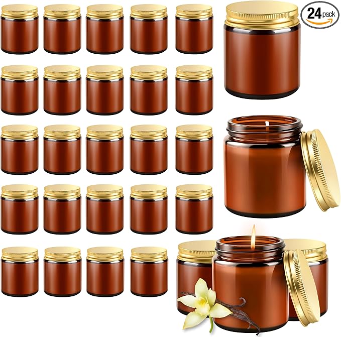 24 Pcs 4 Oz Mason Jar Candles, Vanilla Scented Soy Candles Bulk Set for Stress Relief and Relaxation, Great Favors for Wedding, Christmas, Housewarming Gifts (Gold,Amber Glass, Vanilla, 24)