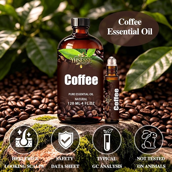 Coffee Essential Oil, Coffee Oil 4 Fl Oz 120ml for Diffuser Yoga Soap & Candle Making – with 0.33 Oz Roller Ball & Dropper YHSESSE Essential Oils