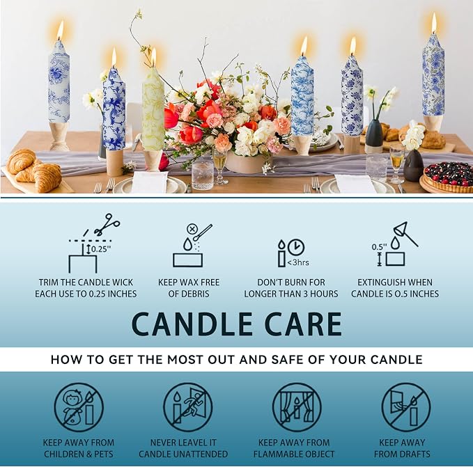 5 inch Short Candle Blue Quicksand Print Candle 4 Pack Handmade Unscented Taper Candles Printed Candlestick Smokeless Tapered Candles for Home Dinner Wedding Holiday