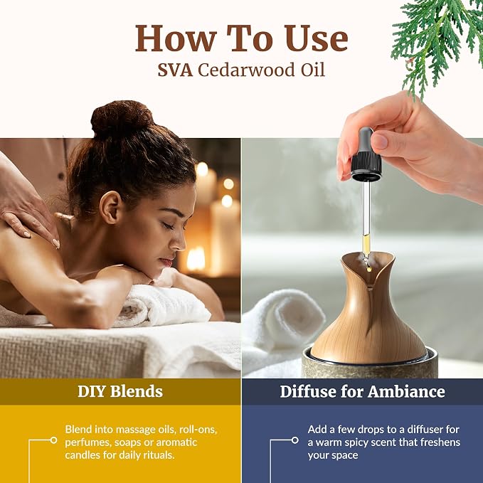 SVA Cedarwood Essential Oil 4 Fl Oz – for Diffuser, Skin & Hair Care – Ideal for Massage & DIY Blends - with Dropper