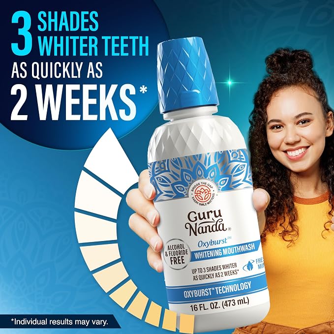 GuruNanda Whitening Mouthwash – Up to 3 Shades Whiter Teeth in 2 Weeks – Alcohol & Fluoride Free with Hydrogen Peroxide – Oxyburst Technology, Wild Mint - 16 oz, Pack of 2