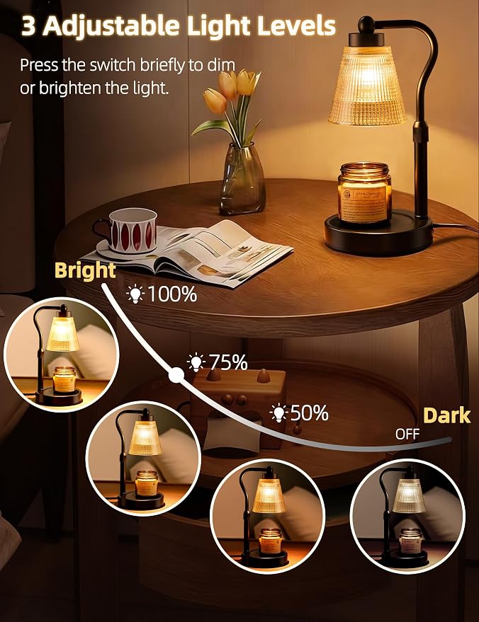 Candle Warmer Lamp for Jar Candles, Height Adjustable & Dimmable with 2/4/8H Timer, 2*50W Halogen Wax Melter Warmer for Home Office Décor, Flameless & Smokeless, Gift for Women Mom, Black-Amber/1 Pack