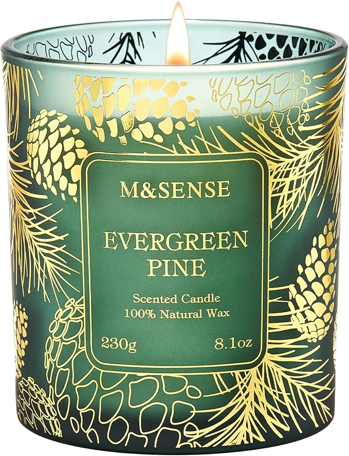 M&SENSE Evergreen Pine Vegan Soy Candles, 8.1oz 42-Hour Slow Burning Non Toxic, Aromatherapy Candle for Calming Home Fragrance, Housewarming Gifts