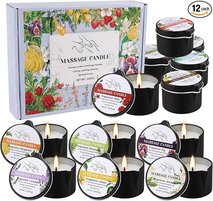 12pcs Massage Oil Candle,Moisturising Natural Soybeans Gift Sets,1oz Low Temperature Body Oil Scented Candles for Home Spa & Relaxation