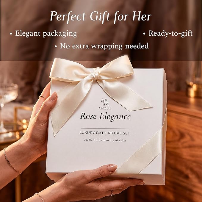 Luxury Rose Spa Gift Set for Women, Home Spa Kit with Candle, Bath Salt and Body Scrub, Self Care Kit is Elegant Gift for Mom, Wife or Girlfriend