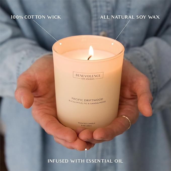 Eucalyptus, Fig & Sandalwood – Benevolence LA Scented Candle for Home | 8oz, 45-Hour Burn | Natural Soy Wax, Cotton Wick | Malibu Sands Collection, Gift for Women & Men