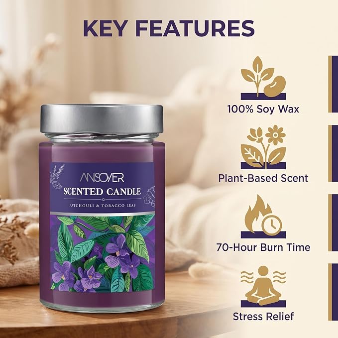 Scented Soy Candles, Patchouli & Tobacco Leaf, 11oz | Aromatherapy Jar Candle, 70 Hour Burn Time, Long Lasting, Gift