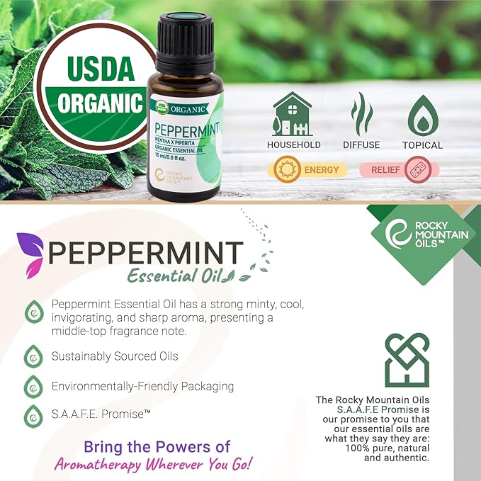 Rocky Mountain Oils Organic Peppermint Essential Oil 15ml – 100% Pure, USDA Organic, for Aromatherapy & Topical Use