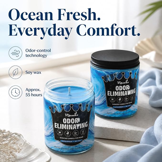 9 oz Ocean Breeze Odor Eliminating Candles for Home Scented, Eliminates 99% of Pet, Smoke, Food and Other Smells Quickly, Highly Fragranced Candle, Premium Soy Candles Set for Women