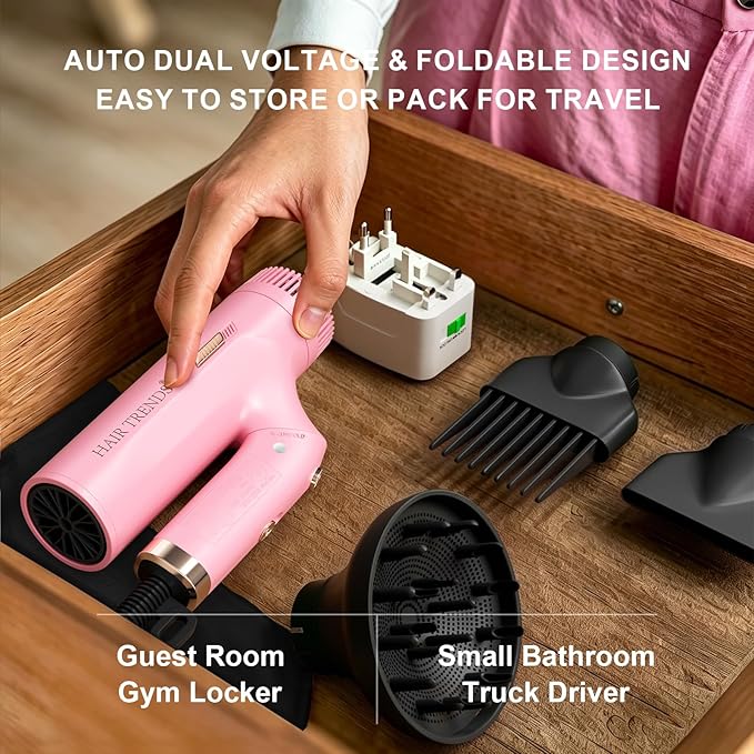 Dual Voltage (110V-240V) Travel Hair Dryer with Diffuser,1200W Foldable Compact Hair Dryer for Women Lightweight, Portable Cruise Essential Pink Blow Dryer for International Trip & Dorm Use
