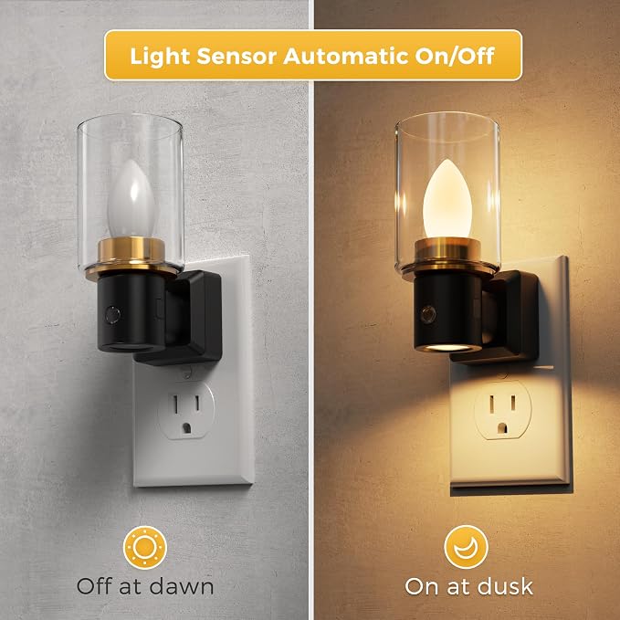 L LOHAS LED Candle Night Light, Flameless Candle Nightlight Plug in, 350°Rotating Dusk to Dawn Sensor Dimmable Night Light,Vintage Decorative Night Lights for Hallway Bathroom, 2 Pack